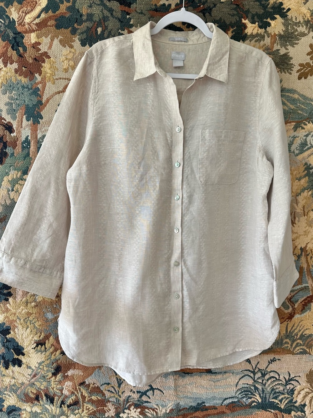 Chicos Linen Button Front Tunic Top 3/4 Sleeve Beige Ivory No Iron Large 14 2.5